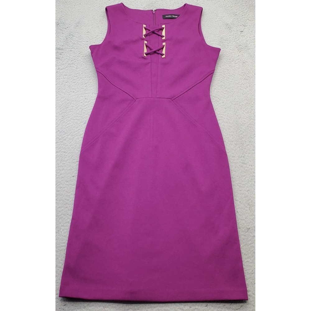 Ivanka Trump Sheath Dress Women 4 Purple Criss Cross Round Neck Stretch Back Zip